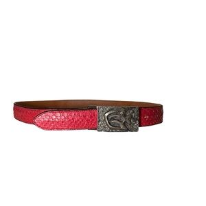 Vintage Red Snakeskin Leather Belt with‎ Unique Forged Silver Buckle